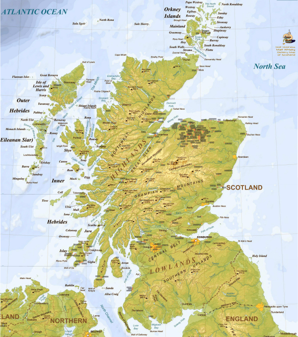 Karta över Scotland och destillerier